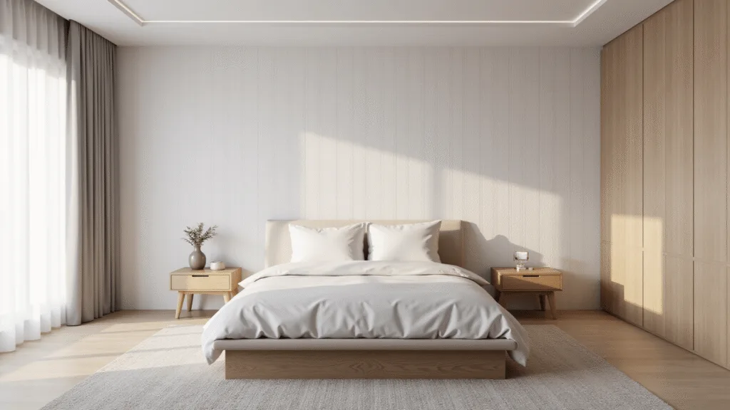 Photorealistic interior design of a spacious modern bedroom featuring pearl-white textured wallpaper, a queen-sized bed with white linens, Scandinavian light wood furniture, and sheer curtains, captured in soft golden hour lighting with a focus on wallpaper texture and minimalist decor.