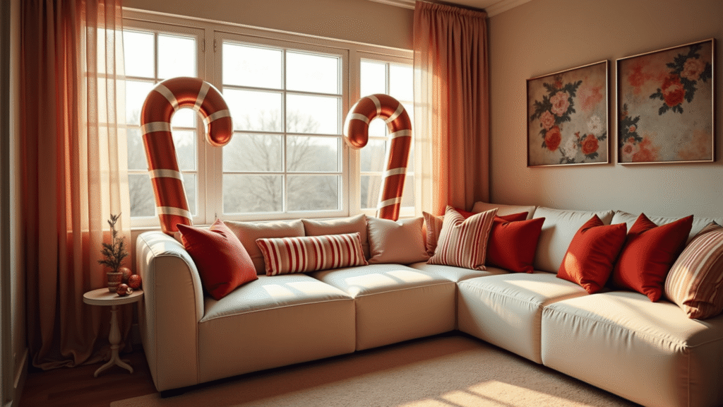 A contemporary Christmas living room featuring a cream L-shaped sectional with gingerbread cushions, metallic lollipops, candy-striped textiles, and oversized mercury glass baubles, all illuminated by warm golden hour light.