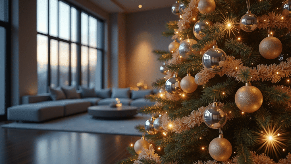 A luxurious modern living room featuring a 9-foot noble fir Christmas tree adorned with disco ball ornaments and metallic decorations, showcased under dramatic dusk lighting with floor-to-ceiling windows, warm golden hour glow, and high-end architectural details.