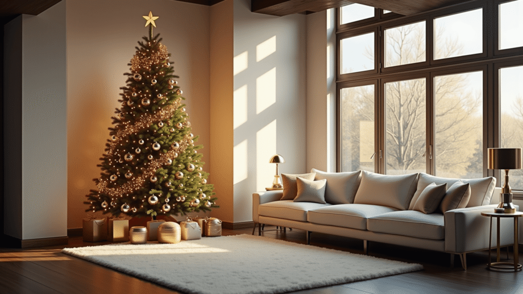 A modern living room featuring a 9ft Christmas tree adorned with mirror balls and warm LED lights, complemented by a cream linen sectional sofa, brass side tables, and high ceilings, all captured in golden hour lighting with dramatic shadows and reflections.