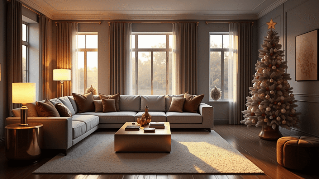 Photorealistic living room at golden hour with a disco ball Christmas tree, grey velvet sectional sofa, mixed metallic accents, hardwood floors, and natural light filtering through sheer curtains, creating a warm and glamourous atmosphere.