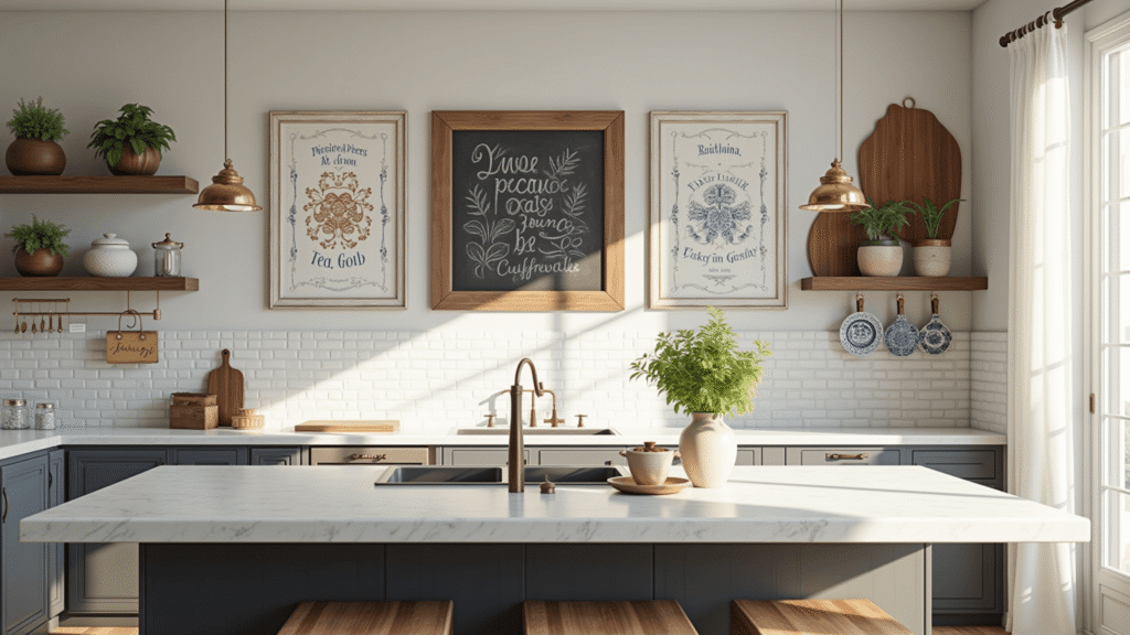 Photorealistic wide-angle view of a modern farmhouse kitchen with a curated wall art collection, featuring oversized vintage tea towels, a large chalkboard, gallery-style vintage cutting boards, and asymmetrical blue-and-white chinoiserie plates, complemented by a vertical herb garden and framed family recipes, all bathed in natural light.
