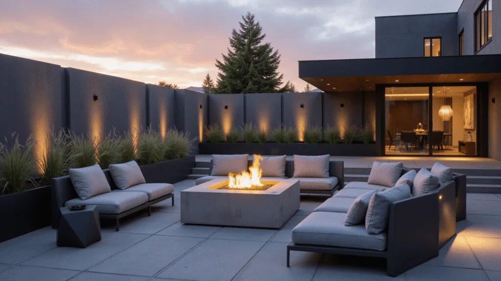 A luxurious modern outdoor terrace featuring a square concrete fire pit surrounded by charcoal sectional seating at sunset, with ornamental grasses in black planters and polished concrete pavers, framed by dark privacy screens with LED uplighting.