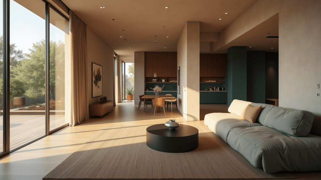 A richly detailed interior design composite showcasing six connected living spaces, emphasizing a bright living room with ivory plaster walls and deep olive sofa, alongside a teal dining room, sustainable kitchen, serene bedroom, walnut home office, and spa-like bathroom, all bathed in warm golden hour lighting with natural textures and hidden tech integrations.
