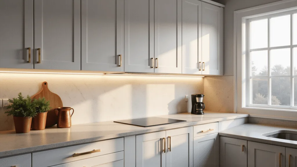 Photorealistic interior of a bright modern kitchen featuring white shaker-style cabinets with brass hardware and Calacatta marble countertops, illuminated by under-cabinet LED lights and morning sunlight, complete with a coffee station and fresh herbs in terracotta pots.