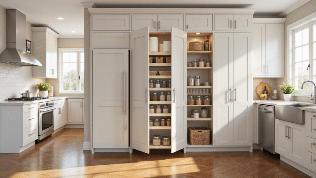 A luxurious modern kitchen with pristine white shaker-style pull-out pantry, organized clear containers and spice jars, hardwood floors, cream quartz countertops, and stainless steel appliances, all illuminated by morning light.