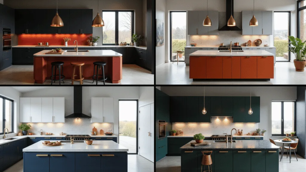 A split-screen image featuring four luxurious kitchen color schemes: glossy black with crimson accents, matte gray with burnt orange, navy blue and white marble, and forest green with honed black granite, all styled with copper cookware and fresh herbs in dramatic lighting.