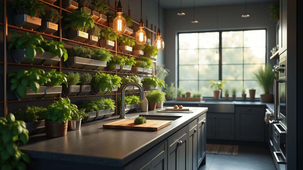Photorealistic image of a modern kitchen featuring a lush herb wall with basil, mint, and rosemary in brushed metal planters, illuminated by natural sunlight, with matte black quartz countertops, industrial pendant lights, and stainless steel appliances.