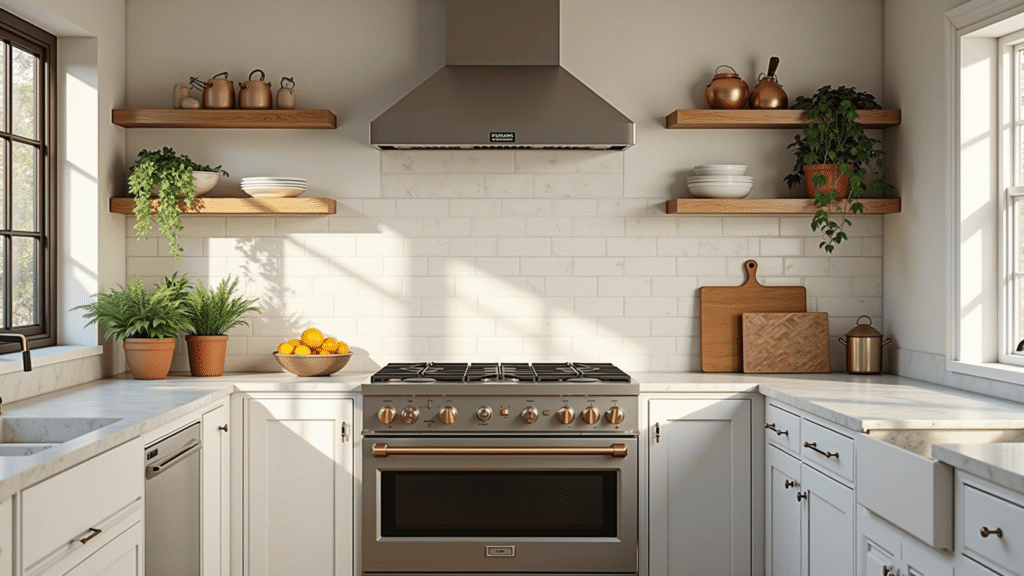 Hyperrealistic image of a sunlit modern kitchen featuring a handcrafted ceramic subway tile backsplash in warm ivory, Carrara marble countertops, professional stainless steel appliances, and white shaker cabinets with brass hardware, adorned with copper cookware and fresh herbs in earthenware pots.