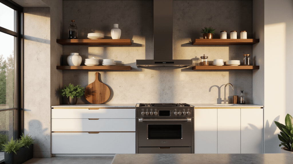 A luxurious modern kitchen featuring sleek white cabinets, walnut open shelves, and a textured concrete backsplash, illuminated by golden hour light through floor-to-ceiling windows, showcasing professional stainless steel appliances, curated ceramics, and marble countertops in a photorealistic, hyperrealistic style.