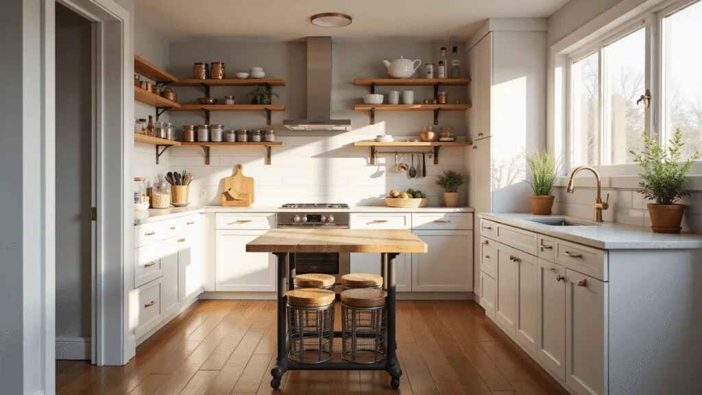 Photorealistic image of a bright, minimalist kitchen featuring white shaker cabinets, brass hardware, and vertical storage solutions. The kitchen includes floating wooden shelves with copper cookware, a stainless steel magnetic knife strip, and clear labeled containers. An industrial rolling cart with a butcher block top serves as an island, illuminated by under-cabinet LED lights. A fold-down weathered oak table and copper-toned nesting stools are in the foreground, while natural sunlight streams through the window, casting dramatic shadows on the organized cabinet interiors. The scene is styled with a small herb garden in copper pots and captured with a shallow depth of field, emphasizing texture and spatial efficiency.