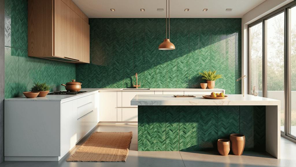 A sunlit modern kitchen featuring an emerald green Zellige tile backsplash, white oak cabinets, a marble waterfall island, vintage copper cookware, and terracotta pots with herbs, all set on polished concrete floors with a handwoven Moroccan rug.