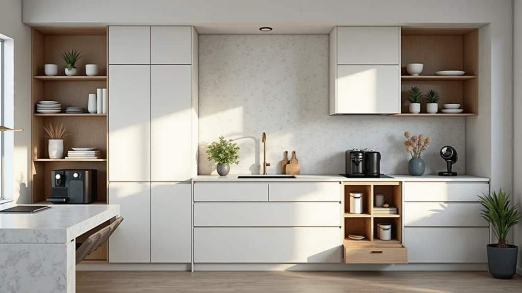 Photorealistic interior design of a bright kitchen featuring organized zones, including a white and brass command center, luxury coffee station, custom cabinets with innovative storage, and a pet-friendly feeding station, all illuminated by natural light with dramatic side lighting.