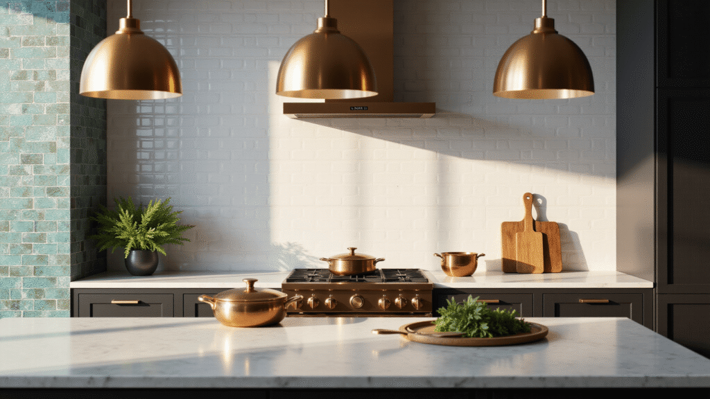 Photorealistic wide-angle view of a sunlit modern kitchen showcasing various backsplash styles, including herringbone white subway tiles, iridescent aqua glass tiles, and dark hexagonal tiles, with a marble waterfall island and brass pendant lights.