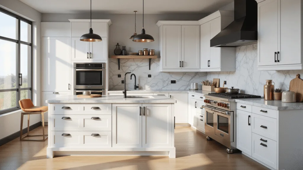 A modern luxury kitchen showcasing an expansive marble island with matte black hardware, white shaker cabinets featuring mixed metallic pulls, and natural light illuminating the space through floor-to-ceiling windows.