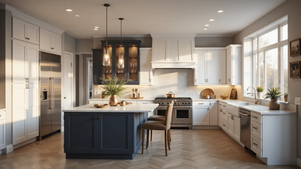 Photorealistic interior shot of a luxurious open-concept kitchen showcasing five distinct cabinet styles, a waterfall quartz island, and professional-grade appliances, highlighted by golden hour lighting and modern pendant fixtures.