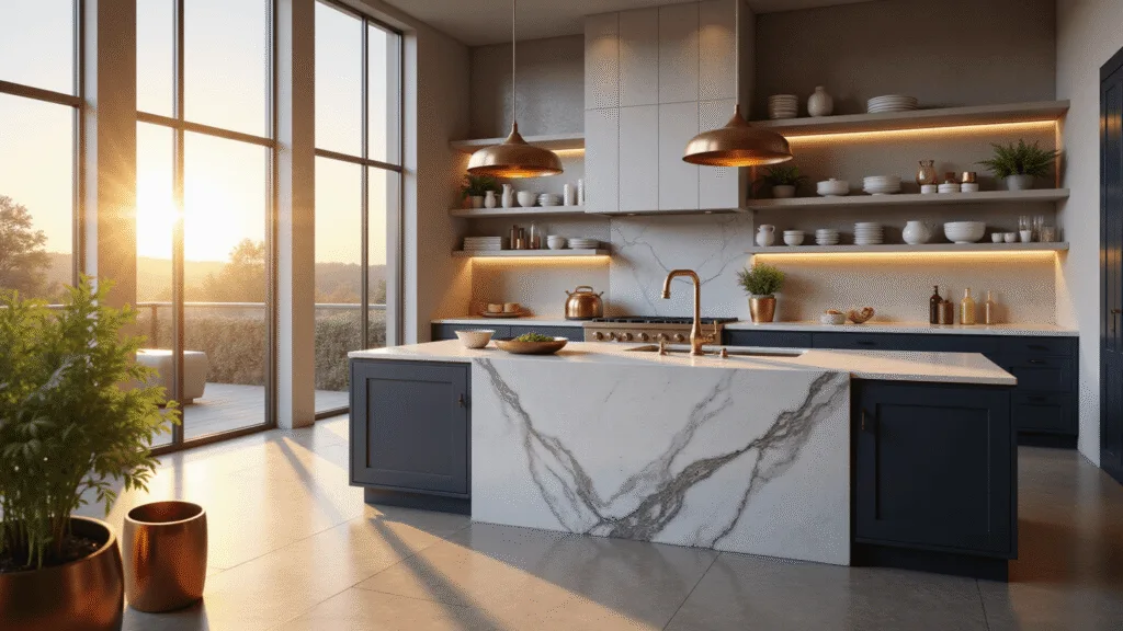 Photorealistic modern kitchen featuring a large waterfall quartz island, golden hour sunlight through floor-to-ceiling windows, deep navy base cabinets, and artisanal ceramics, captured in soft depth of field with volumetric lighting.