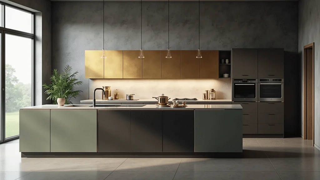A luxurious kitchen featuring diverse cabinet materials, including stainless steel, brass, matte black carbon fiber, and recycled sage green plastic, illuminated by natural light and LED accents, with a central island and styled props like copper cookware and fresh herbs.