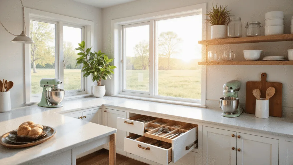 Photorealistic modern minimalist kitchen interior, sunlit during golden hour with white quartz countertops, sage green KitchenAid mixer, and organized drawers, featuring brass hardware and soft pendant lighting, emphasizing clean lines and a serene atmosphere.