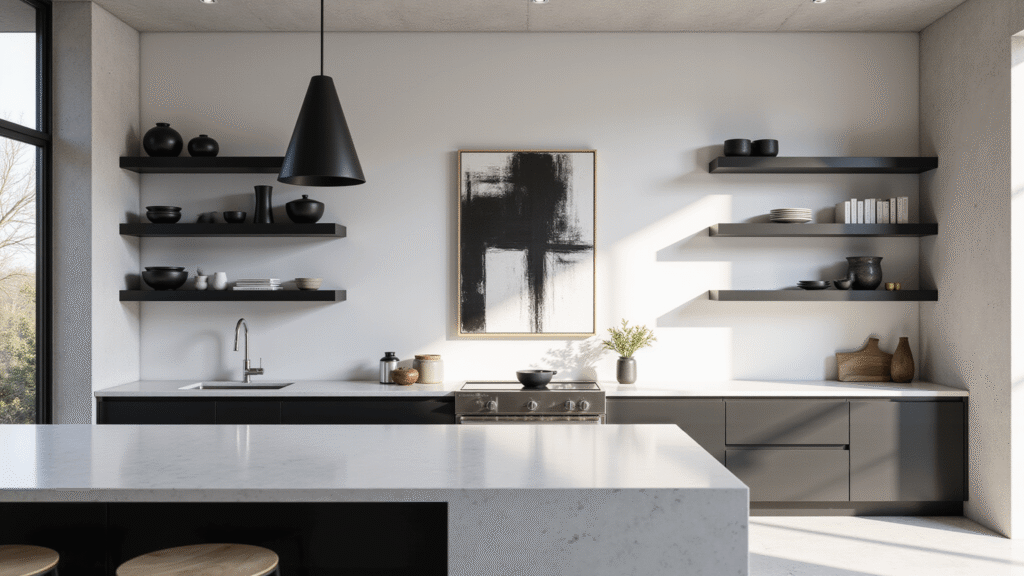 Photorealistic interior photograph of a modern minimalist kitchen featuring white quartz countertops, matte black floating shelves, and large abstract artwork, bathed in soft natural light from floor-to-ceiling windows, showcasing a high-end, clutter-free design.