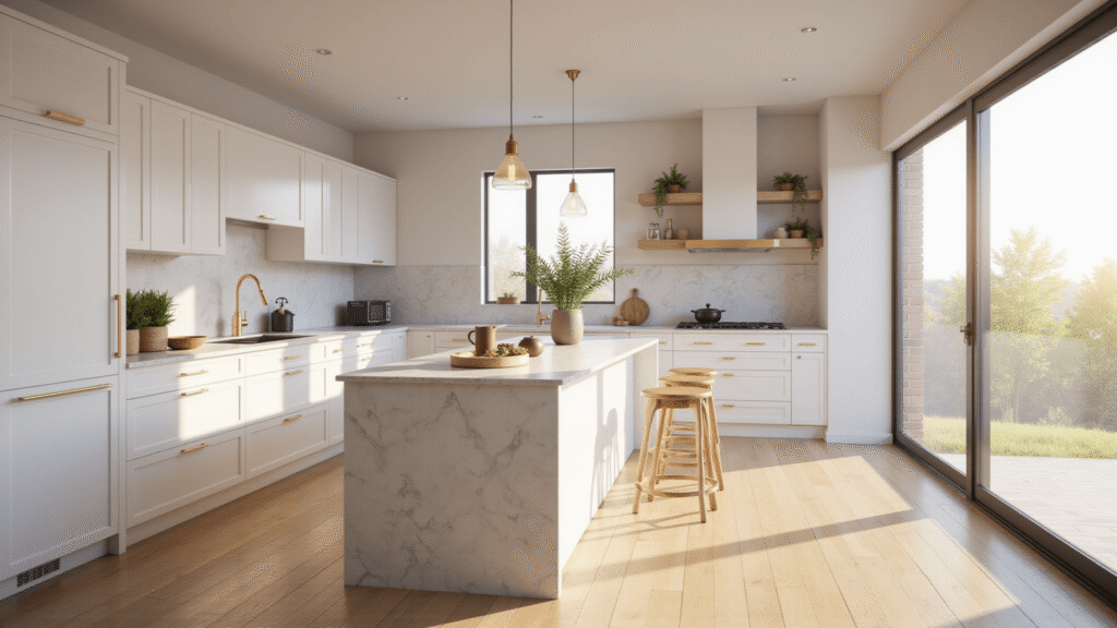 A hyperrealistic photograph of a modern minimalist kitchen featuring white shaker cabinets with brass hardware, a quartz waterfall island, and expansive natural light from floor-to-ceiling windows, highlighting high-end appliances, a marble backsplash, and a styled coffee station with ceramic vessels and fresh herbs in copper planters. The image showcases engineered hardwood flooring, pendant lighting with warm Edison bulbs, and crisp shadows, all captured in soft depth of field at golden hour.