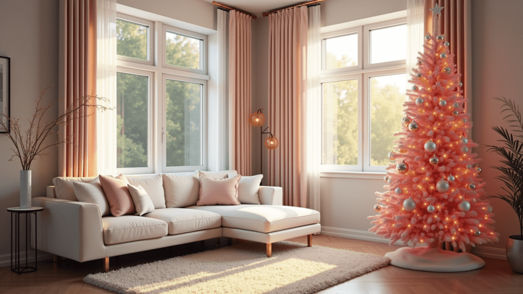 Photorealistic modern living room with a bubblegum pink Christmas tree in a bay window, decorated with gold and crystal ornaments, warm white lights, and blush glass baubles, featuring a white sectional sofa, herringbone oak flooring, and a cream area rug, bathed in natural morning sunlight.