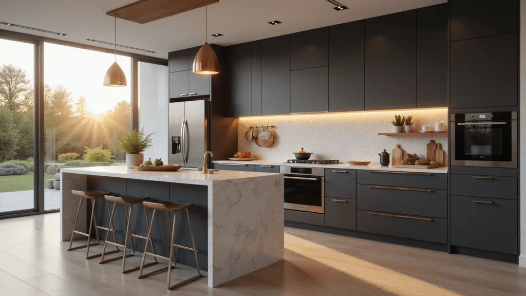 Photorealistic ultrawide angle view of a luxury smart kitchen featuring graphite cabinets, quartz island with touchscreen, smart refrigerator, voice-activated cooking station, and an herb garden wall, all illuminated by golden hour light.