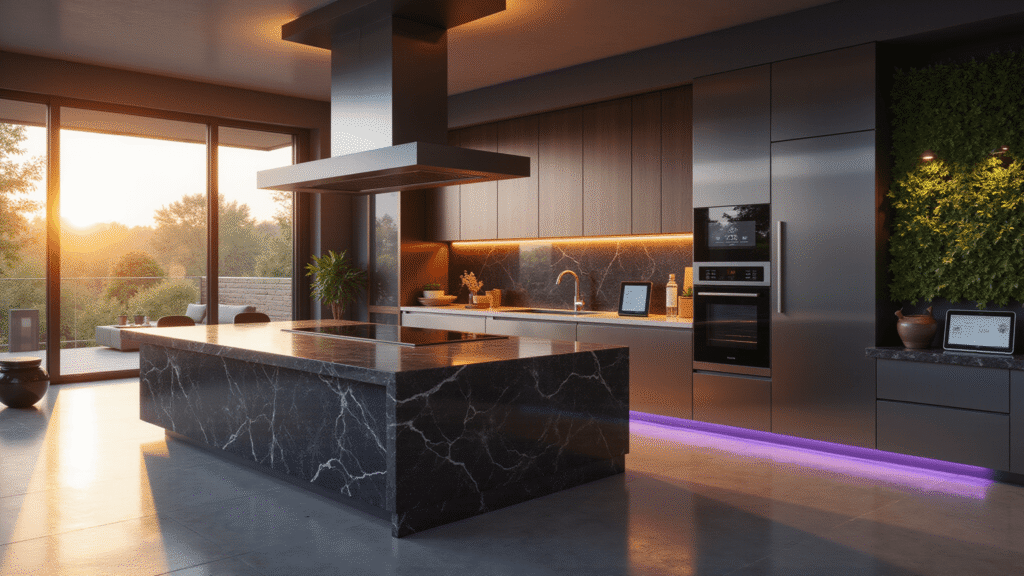 A luxurious modern smart kitchen with a large central island featuring a touchscreen, stainless steel appliances, warm copper accents, and an herb wall, illuminated by golden hour sunlight through floor-to-ceiling windows.