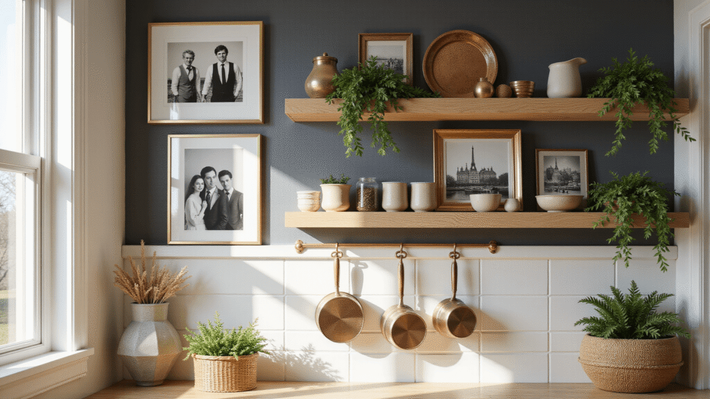 Photorealistic image of a sunlit modern kitchen featuring a gallery wall with black and white family photos, vintage prints, and antique copper plates, complemented by floating oak shelves, a matte charcoal accent wall, professional cookware, and a vertical herb garden in geometric planters, all bathed in warm golden hour light.
