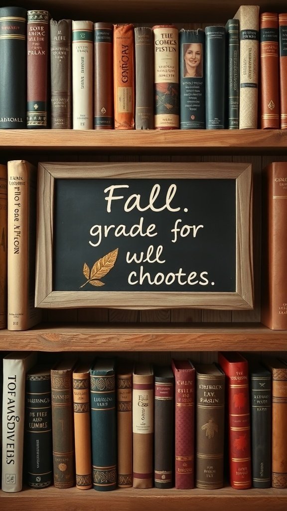 50 Inspiring Fall Bookshelf Decor Ideas to Transform Your Space Chalkboard sign with fall message surrounded by books on a shelf