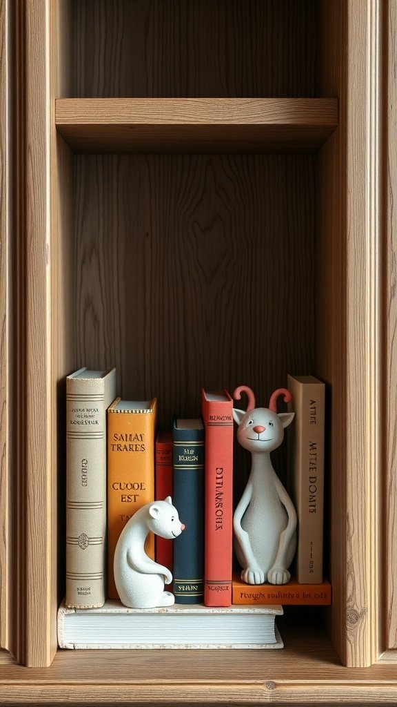 50 Inspiring Fall Bookshelf Decor Ideas to Transform Your Space A cozy bookshelf featuring colorful books and playful animal bookends.