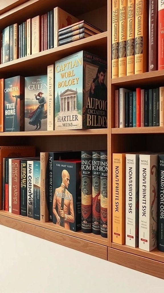 50 Inspiring Fall Bookshelf Decor Ideas to Transform Your Space A bookshelf displaying various books with artistic covers, showcasing a mix of colors and designs.