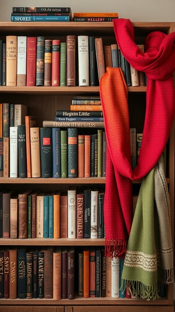 50 Inspiring Fall Bookshelf Decor Ideas to Transform Your Space Colorful scarves draped on a bookshelf filled with books