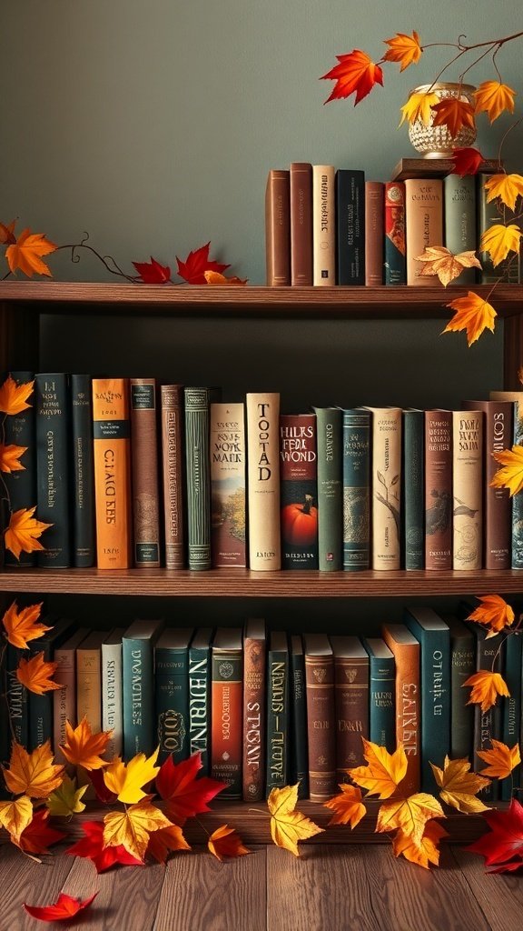 50 Inspiring Fall Bookshelf Decor Ideas to Transform Your Space A wooden bookshelf decorated with books and autumn leaves.