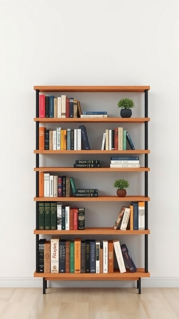 50 Inspiring Fall Bookshelf Decor Ideas to Transform Your Space A modern bookshelf with wooden shelves filled with books and small plants, showcasing fall decor ideas.