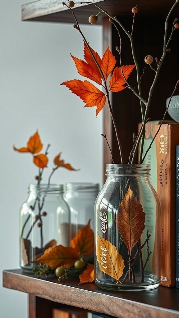 50 Inspiring Fall Bookshelf Decor Ideas to Transform Your Space Glass jars filled with orange leaves and twigs on a bookshelf