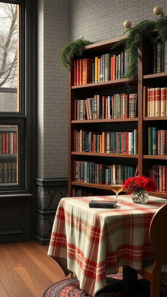 50 Inspiring Fall Bookshelf Decor Ideas to Transform Your Space A cozy bookshelf area decorated with a plaid tablecloth, flowers, and books.
