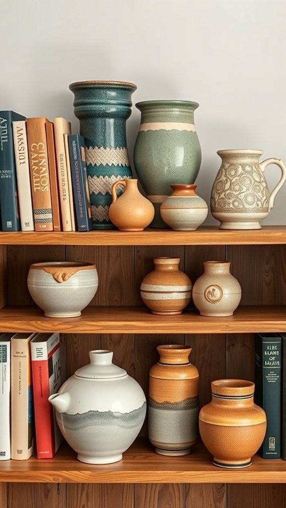 50 Inspiring Fall Bookshelf Decor Ideas to Transform Your Space A collection of artisan pottery on a wooden bookshelf alongside books.