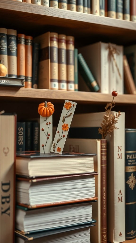 50 Inspiring Fall Bookshelf Decor Ideas to Transform Your Space A cozy bookshelf with seasonal themed bookmarks featuring pumpkins and flowers.