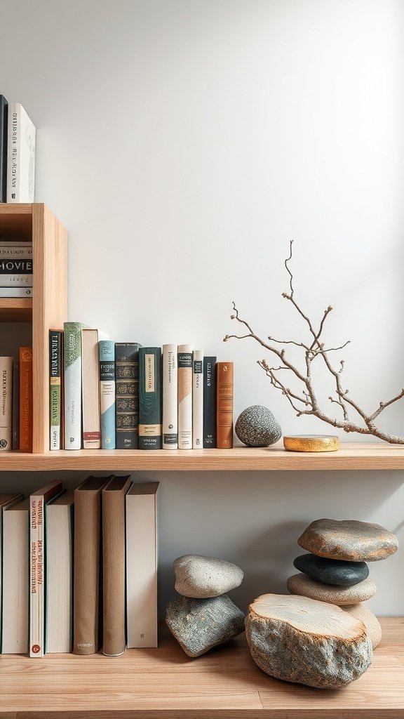 50 Inspiring Fall Bookshelf Decor Ideas to Transform Your Space A bookshelf with books, stones, and a branch, showcasing nature-inspired decor.