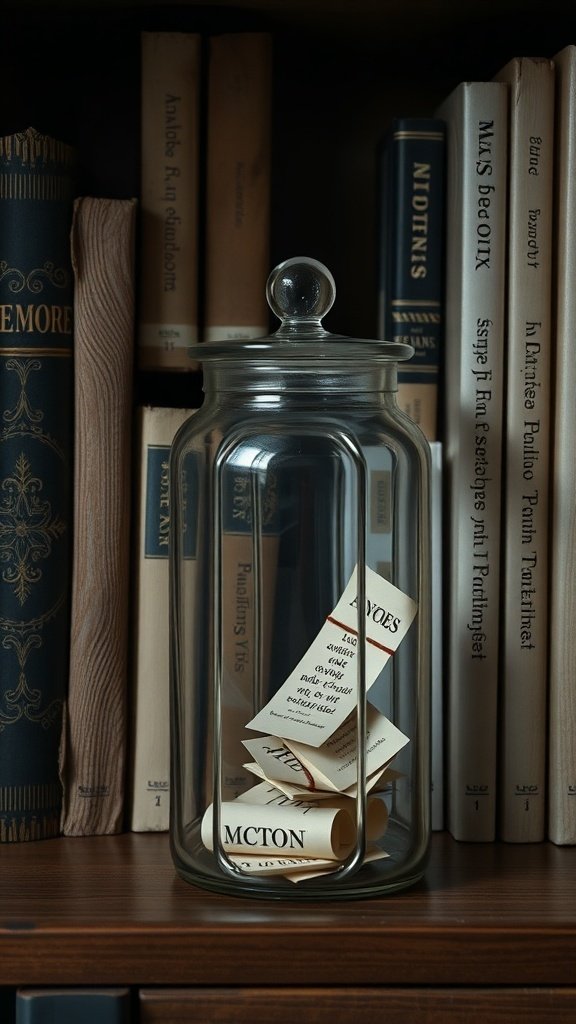 50 Inspiring Fall Bookshelf Decor Ideas to Transform Your Space A glass jar filled with rolled notes on a bookshelf, surrounded by books.