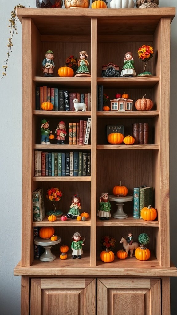 50 Inspiring Fall Bookshelf Decor Ideas to Transform Your Space A wooden bookshelf decorated with miniature fall scenes, featuring pumpkins, figurines, and colorful flowers.