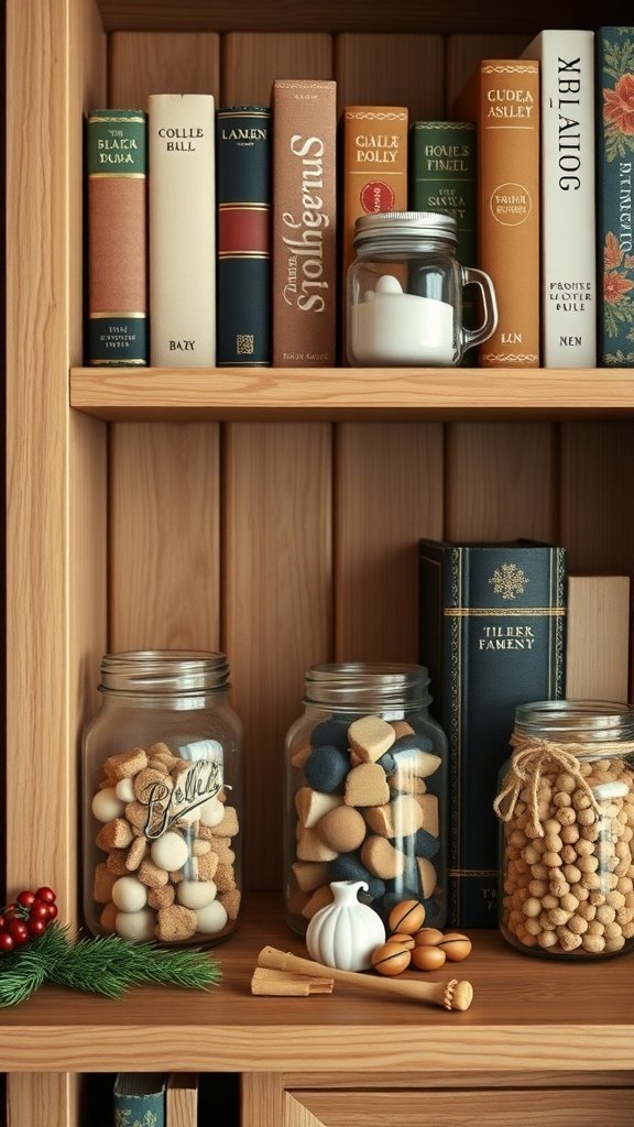 50 Inspiring Fall Bookshelf Decor Ideas to Transform Your Space Mason jars filled with colorful candies and decorative items on a wooden bookshelf