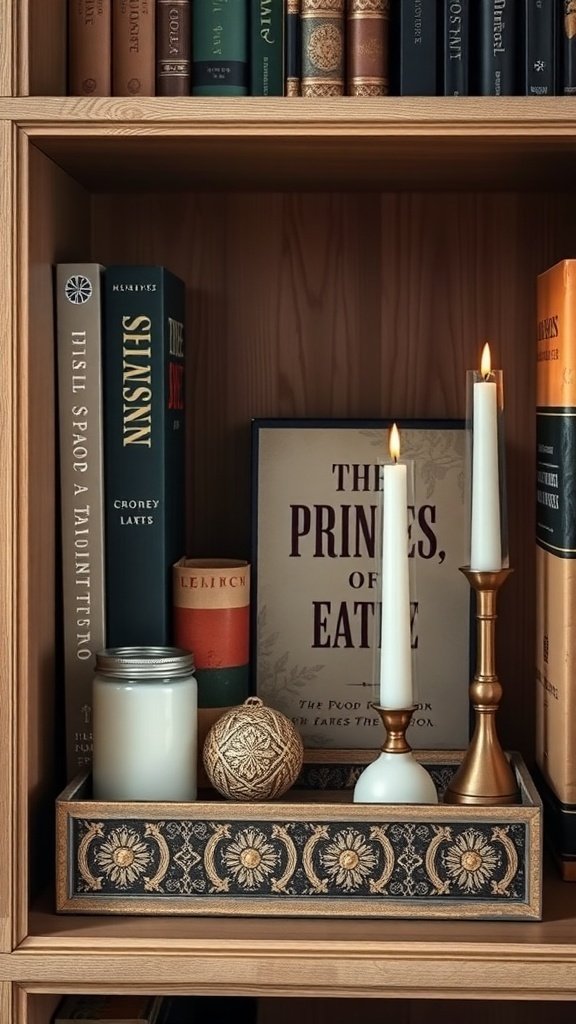 50 Inspiring Fall Bookshelf Decor Ideas to Transform Your Space A decorative tray on a bookshelf with candles, a jar, and a decorative ball, surrounded by books.