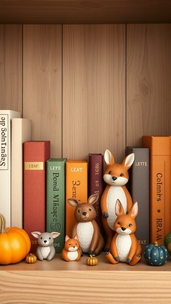 50 Inspiring Fall Bookshelf Decor Ideas to Transform Your Space A cozy bookshelf featuring charming animal figures, colorful books, and small pumpkins.