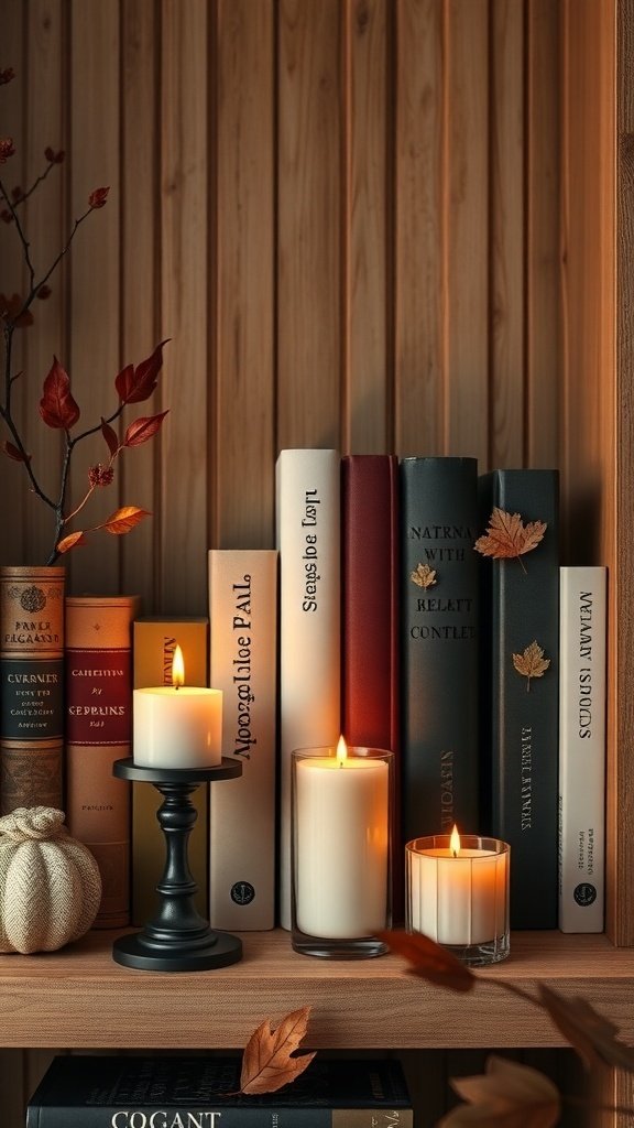 50 Inspiring Fall Bookshelf Decor Ideas to Transform Your Space A cozy fall bookshelf with scented candles, books, autumn leaves, and a small pumpkin.
