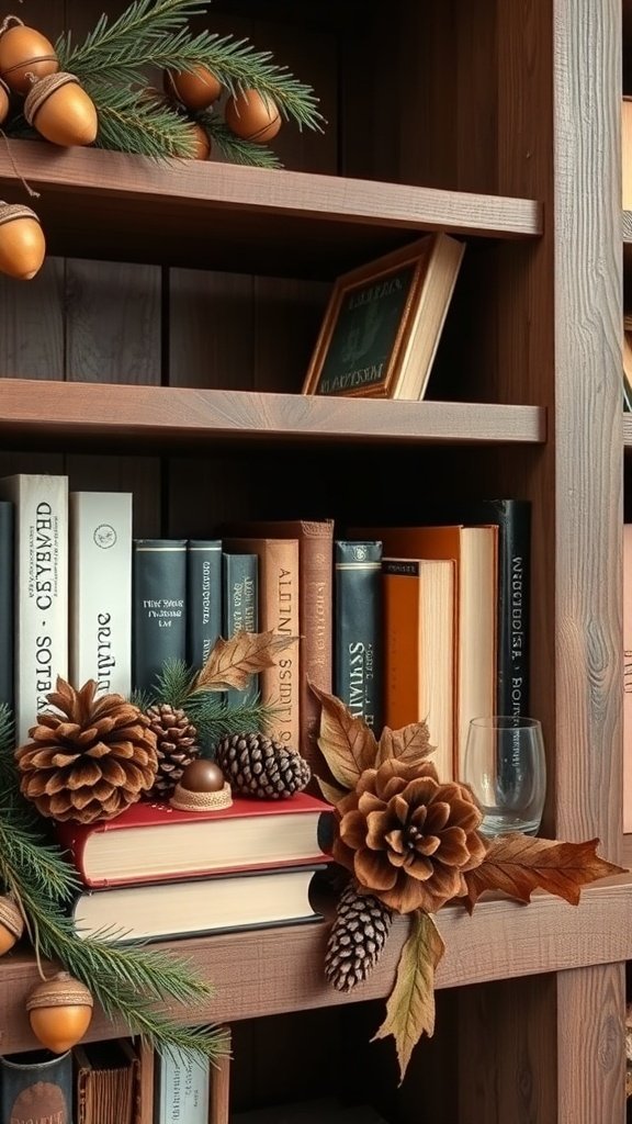 50 Inspiring Fall Bookshelf Decor Ideas to Transform Your Space A beautifully decorated bookshelf featuring natural elements like pinecones, acorns, and greenery, perfect for fall decor.