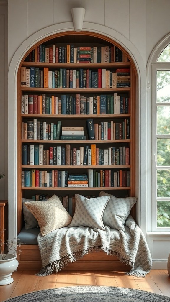 50 Inspiring Fall Bookshelf Decor Ideas to Transform Your Space Cozy reading nook with a built-in bookshelf filled with books, soft pillows, and a throw blanket.