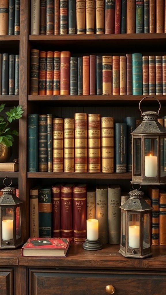 50 Inspiring Fall Bookshelf Decor Ideas to Transform Your Space A cozy bookshelf decorated with rustic lanterns and a variety of books.