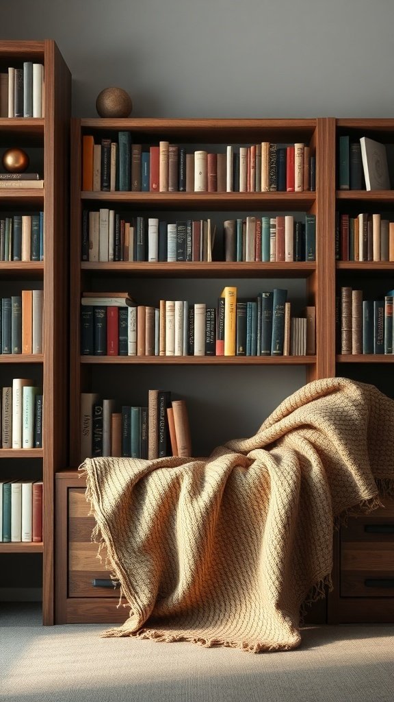 50 Inspiring Fall Bookshelf Decor Ideas to Transform Your Space A cozy throw blanket draped over a bookshelf filled with books, creating a warm fall decor.